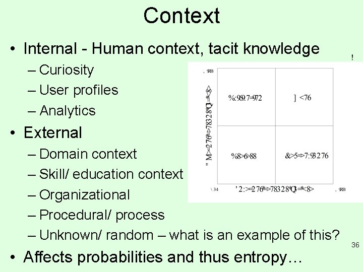 Context • Internal - Human context, tacit knowledge – Curiosity – User profiles – Context • Internal - Human context, tacit knowledge – Curiosity – User profiles –