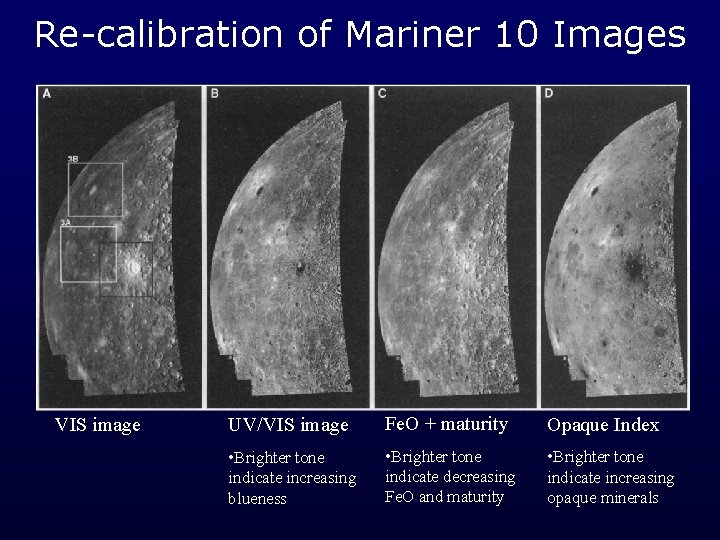 Re-calibration of Mariner 10 Images VIS image UV/VIS image Fe. O + maturity Opaque