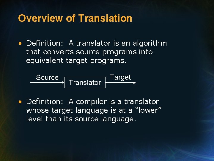 Overview of Translation • Definition: A translator is an algorithm that converts source programs