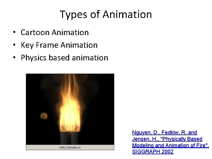 Types of Animation • Cartoon Animation • Key Frame Animation • Physics based animation