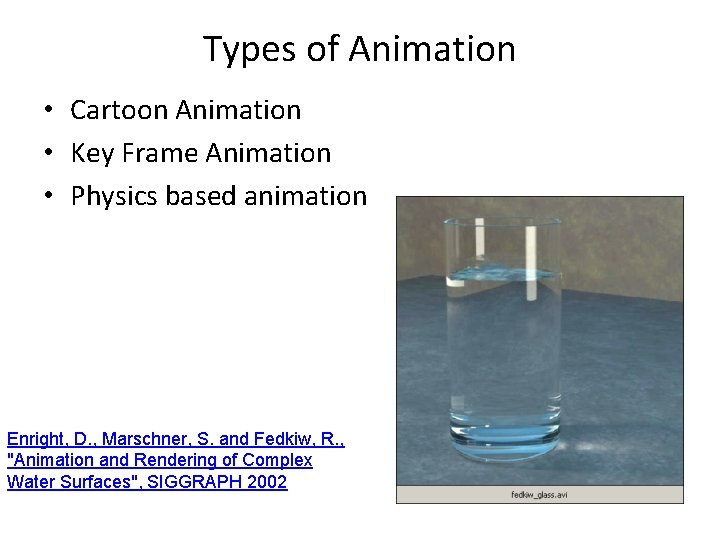 Types of Animation • Cartoon Animation • Key Frame Animation • Physics based animation