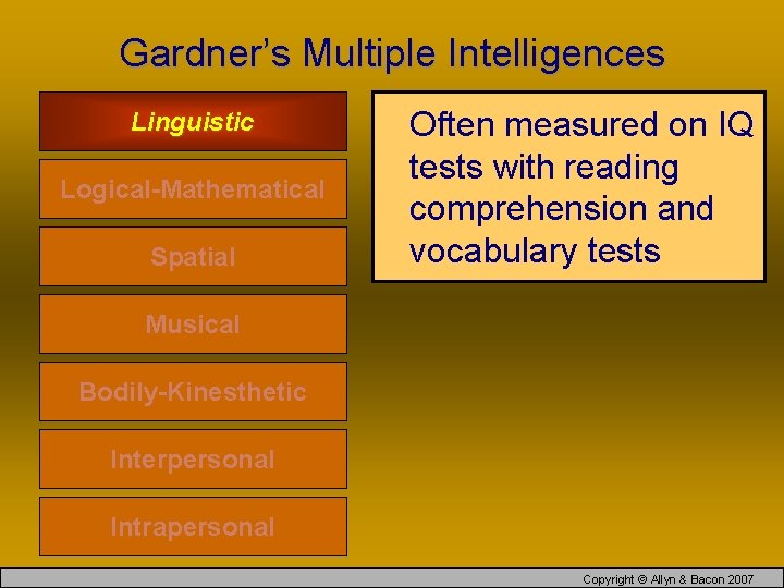 Gardner’s Multiple Intelligences Linguistic Logical-Mathematical Spatial Often measured on IQ tests with reading comprehension