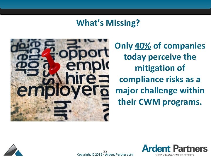 What’s Missing? Only 40% of companies today perceive the mitigation of compliance risks as
