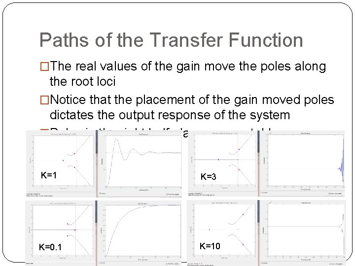 Paths of the Transfer Function �The real values of the gain move the poles