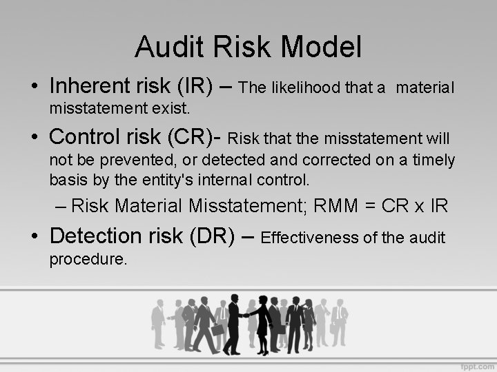 Audit Risk Model • Inherent risk (IR) – The likelihood that a material misstatement