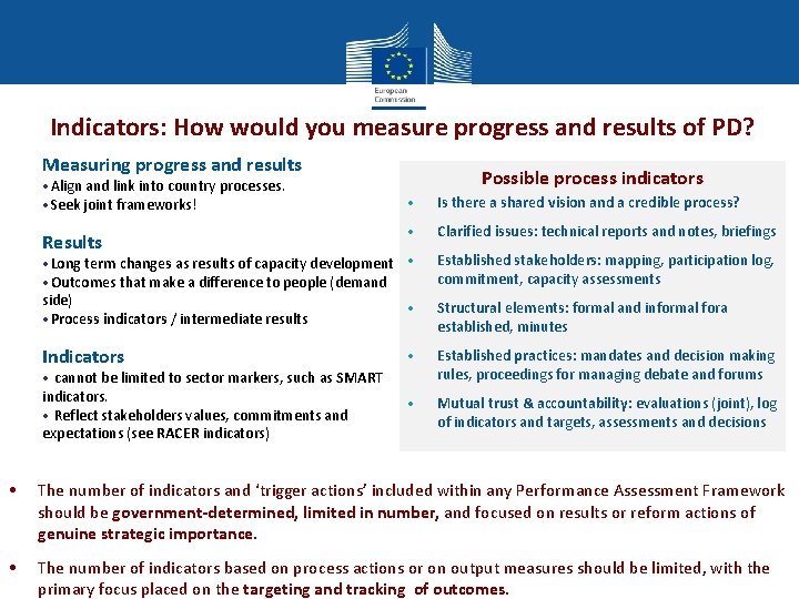 Indicators: How would you measure progress and results of PD? Measuring progress and results