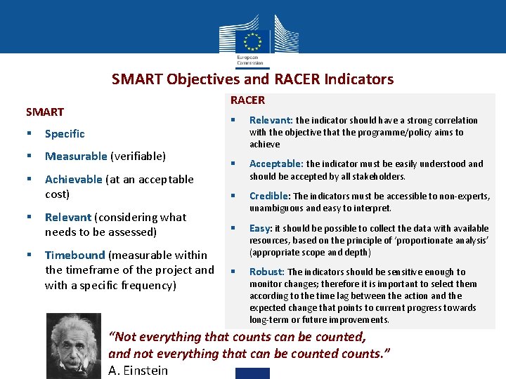 SMART Objectives and RACER Indicators RACER SMART § § Specific § Measurable (verifiable) §