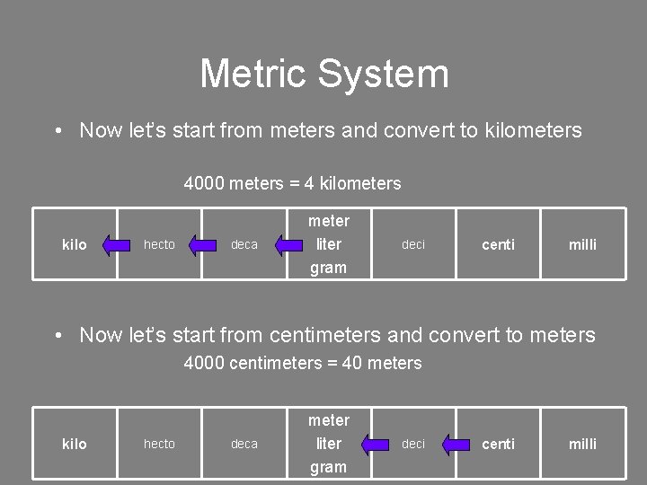 Metric System • Now let’s start from meters and convert to kilometers 4000 meters