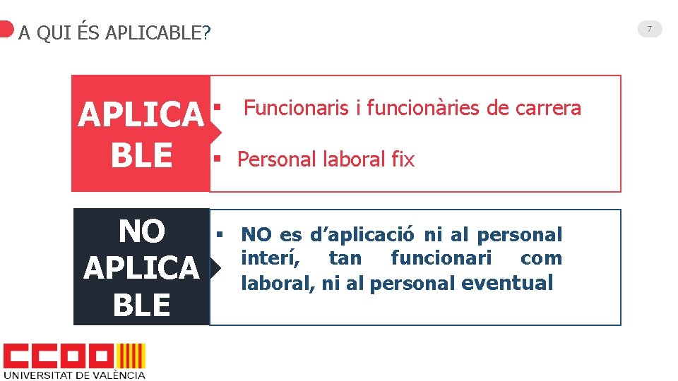 A QUI ÉS APLICABLE? 7 APLICA BLE § § Funcionaris i funcionàries de carrera