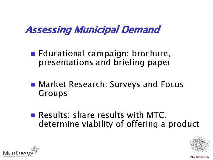 Assessing Municipal Demand n Educational campaign: brochure, presentations and briefing paper n Market Research: