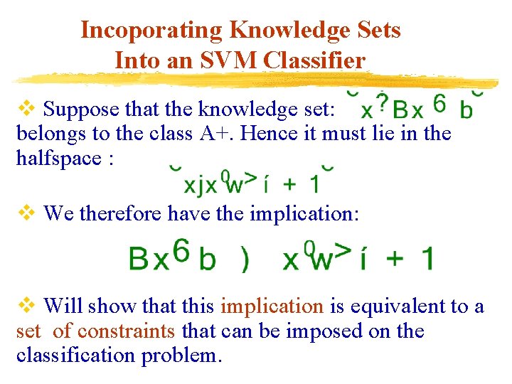 Incoporating Knowledge Sets Into an SVM Classifier v Suppose that the knowledge set: belongs