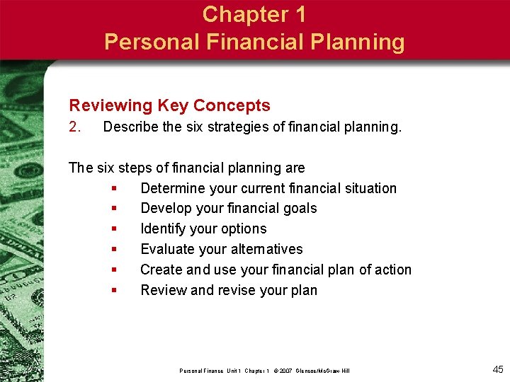 Chapter 1 Personal Financial Planning Reviewing Key Concepts 2. Describe the six strategies of