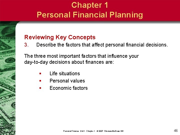 Chapter 1 Personal Financial Planning Reviewing Key Concepts 3. Describe the factors that affect