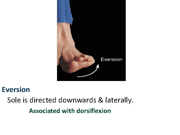 Eversion Sole is directed downwards & laterally. Associated with dorsiflexion 