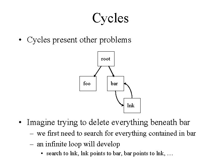 Cycles • Cycles present other problems root foo bar lnk • Imagine trying to