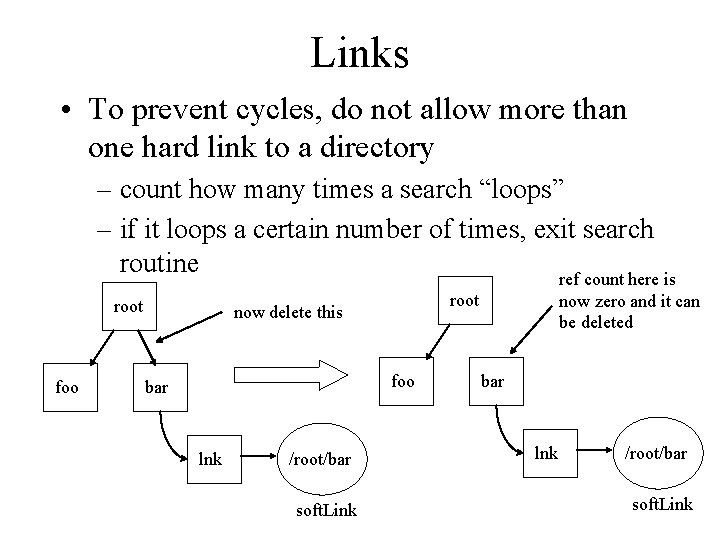 Links • To prevent cycles, do not allow more than one hard link to