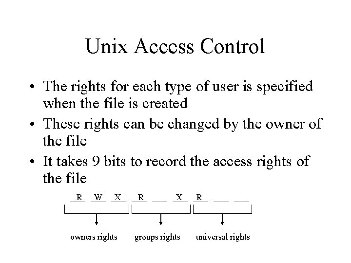 Unix Access Control • The rights for each type of user is specified when
