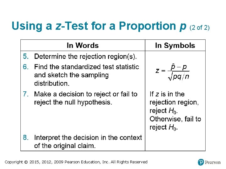 Using a z-Test for a Proportion p (2 of 2) Copyright © 2015, 2012,