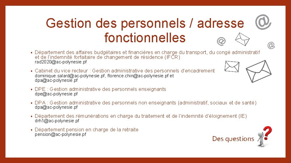 Gestion des personnels / adresse fonctionnelles • Département des affaires budgétaires et financières en