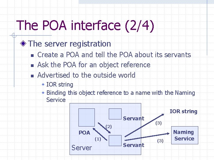 The POA interface (2/4) The server registration n Create a POA and tell the