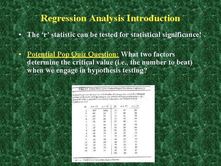 Regression Analysis Introduction • The ‘r’ statistic can be tested for statistical significance! •