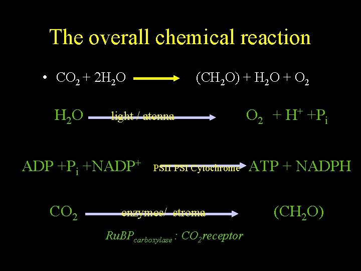 The overall chemical reaction • CO 2 + 2 H 2 O light /