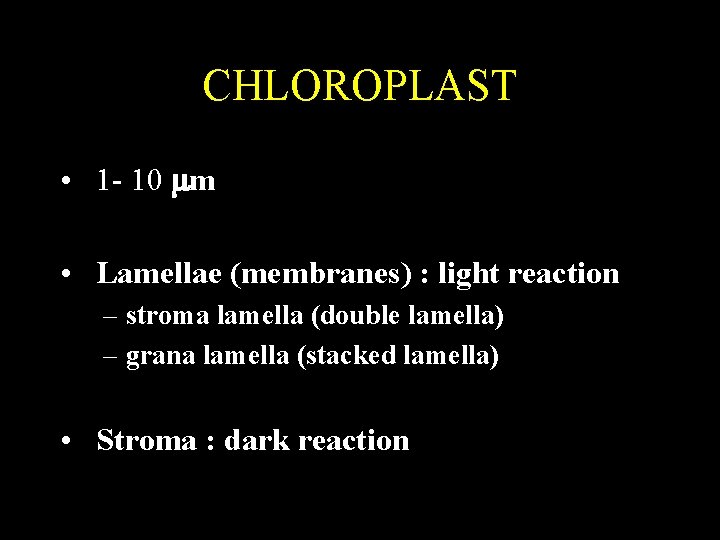 CHLOROPLAST • 1 - 10 mm • Lamellae (membranes) : light reaction – stroma