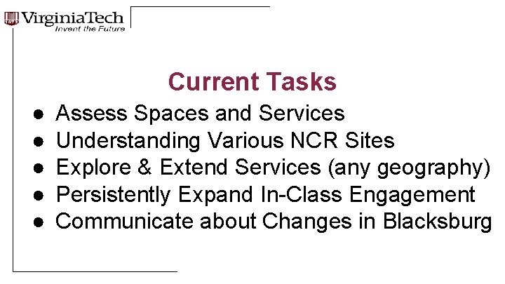 Current Tasks ● ● ● Assess Spaces and Services Understanding Various NCR Sites Explore