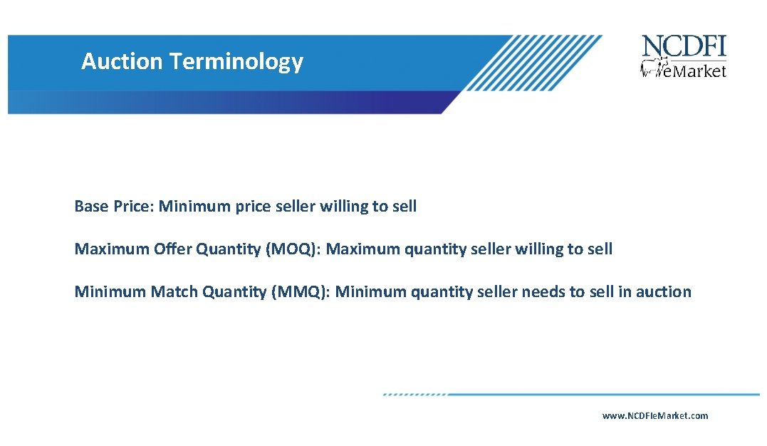 Auction Terminology Base Price: Minimum price seller willing to sell Maximum Offer Quantity (MOQ):