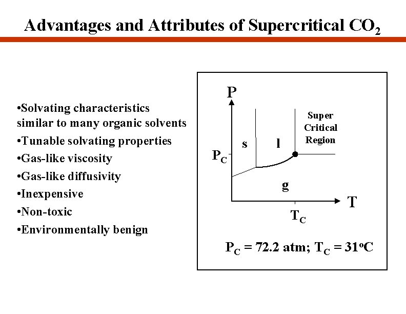 Advantages and Attributes of Supercritical CO 2 • Solvating characteristics similar to many organic