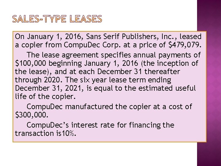 On January 1, 2016, Sans Serif Publishers, Inc. , leased a copier from Compu.