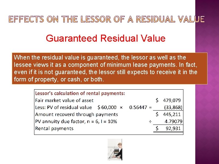 Guaranteed Residual Value When the residual value is guaranteed, the lessor as well as