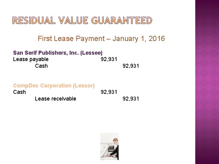 First Lease Payment – January 1, 2016 San Serif Publishers, Inc. (Lessee) Lease payable