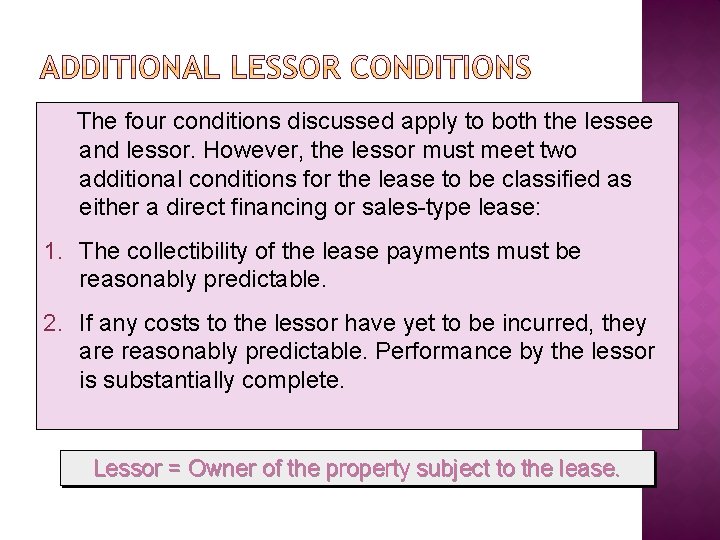The four conditions discussed apply to both the lessee and lessor. However, the lessor