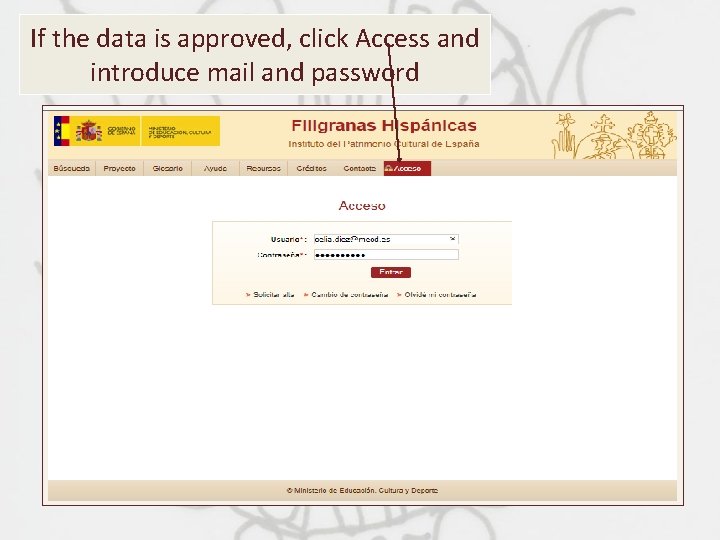 If the data is approved, click Access and introduce mail and password 