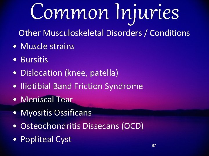 Common Injuries Other Musculoskeletal Disorders / Conditions • Muscle strains • Bursitis • Dislocation