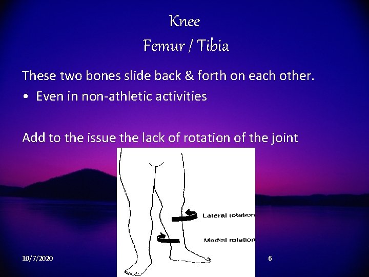 Knee Femur / Tibia These two bones slide back & forth on each other.