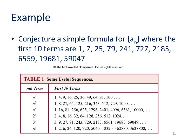 Example • Conjecture a simple formula for {an} where the first 10 terms are