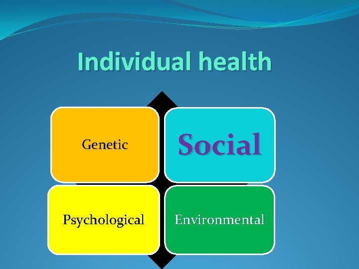 Individual health Genetic Social Psychological Environmental 