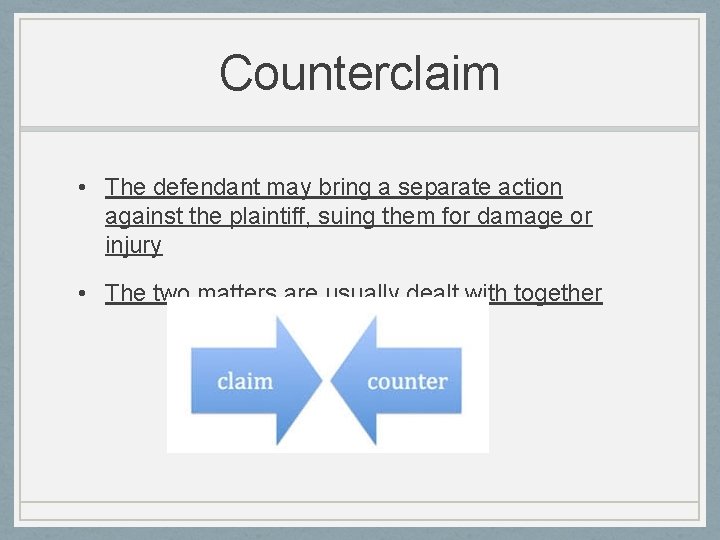 Counterclaim • The defendant may bring a separate action against the plaintiff, suing them Counterclaim • The defendant may bring a separate action against the plaintiff, suing them