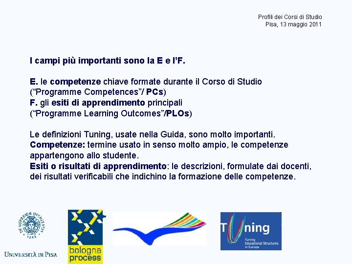 Profili dei Corsi di Studio Pisa, 13 maggio 2011 I campi più importanti sono