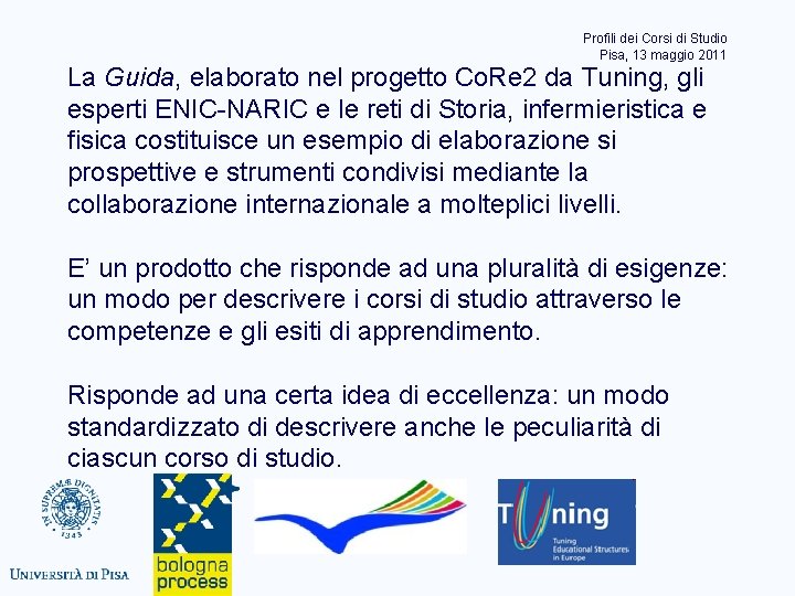 Profili dei Corsi di Studio Pisa, 13 maggio 2011 La Guida, elaborato nel progetto