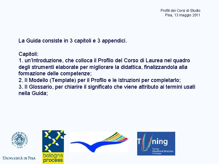 Profili dei Corsi di Studio Pisa, 13 maggio 2011 La Guida consiste in 3