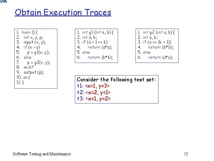 Obtain Execution Traces 1. main () { 2. int x, y, p; 3. input