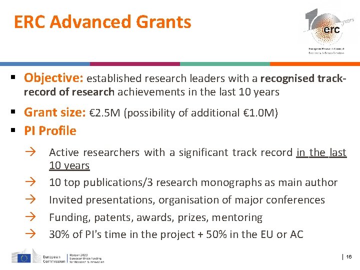 ERC Advanced Grants Objective: established research leaders with a recognised trackrecord of research achievements