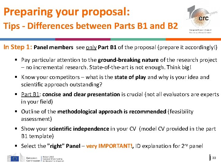 Preparing your proposal: Tips - Differences between Parts B 1 and B 2 In