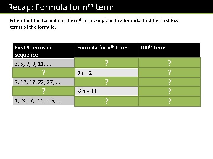 Recap: Formula for nth term Either find the formula for the nth term, or