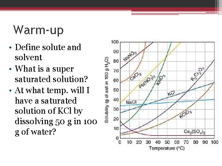 Warm-up • Define solute and solvent • What is a super saturated solution? •