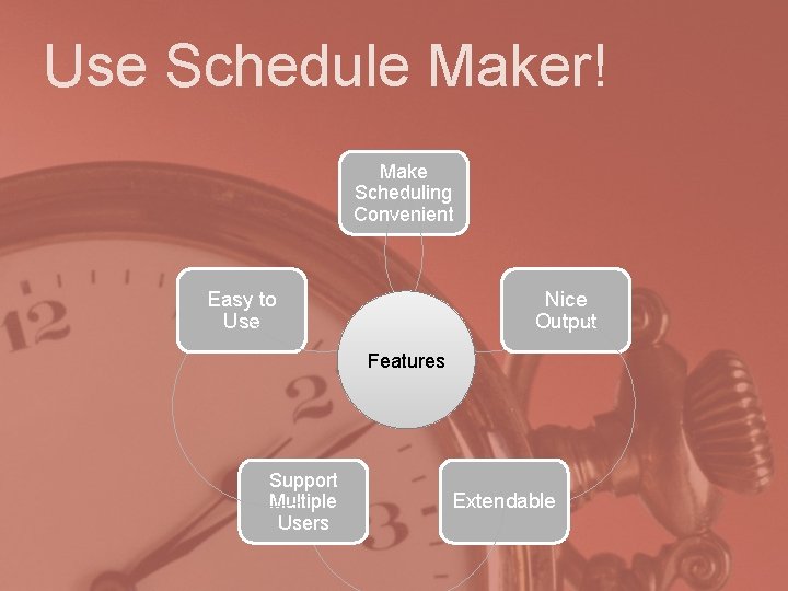 Use Schedule Maker! Make Scheduling Convenient Easy to Use Nice Output Features Support Multiple