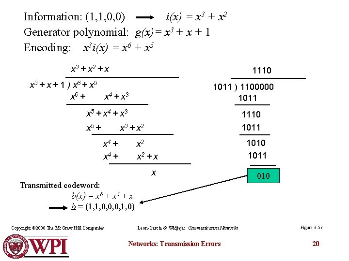 Information: (1, 1, 0, 0) i(x) = x 3 + x 2 Generator polynomial: